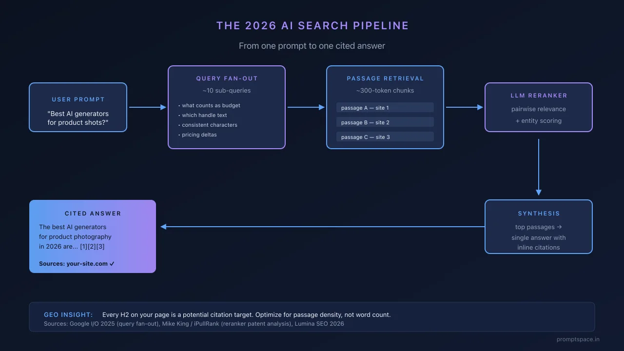Diagram of the AI search pipeline: query fan-out, passage retrieval, LLM reranking, synthesis, and cited answer rendering.